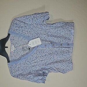 Pink Rose Blouse v neck women’s size large blue Ditsy floral
